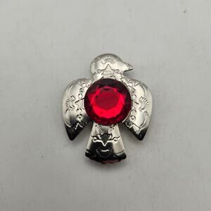 Southwestern Thunderbird Button Cover Red Faceted Rhinestone Silver Tone
